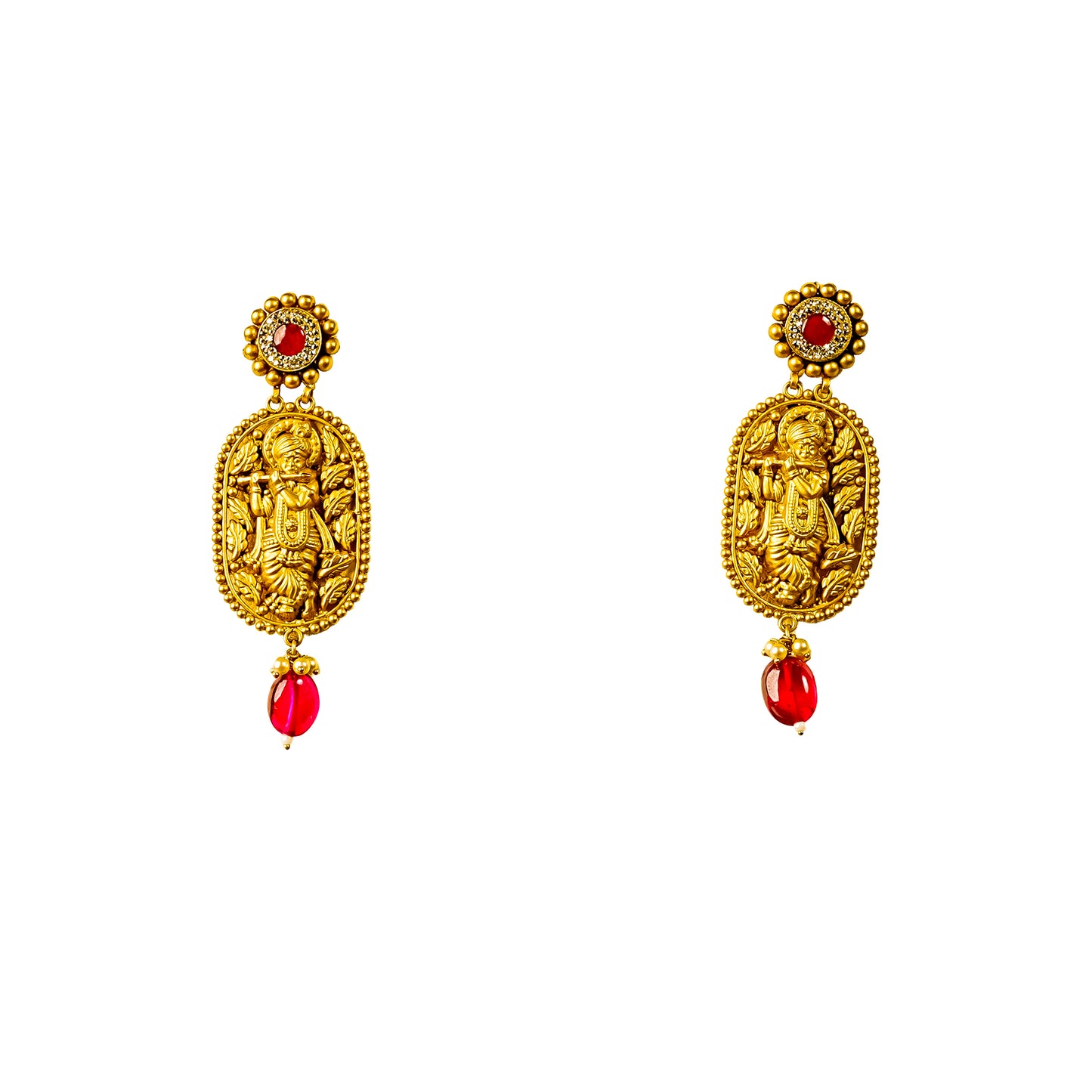 22K Antique Ruby Gold Earrings by Manuvel Malabar Jewellers