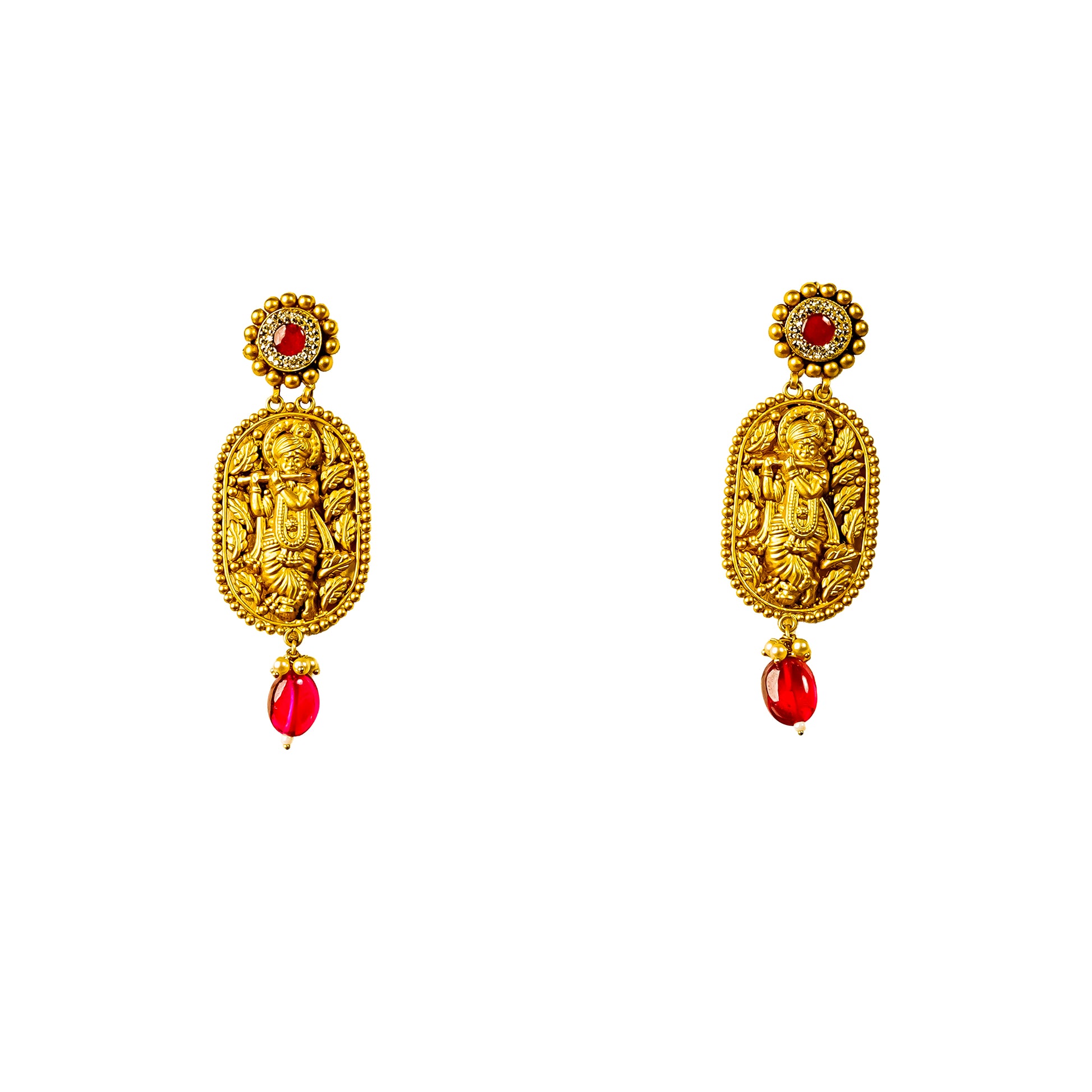 22K Antique Ruby Gold Earrings by Manuvel Malabar Jewellers