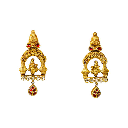 22K Antique Kundan Temple Earrings by Manuvel Malabar Jewellers