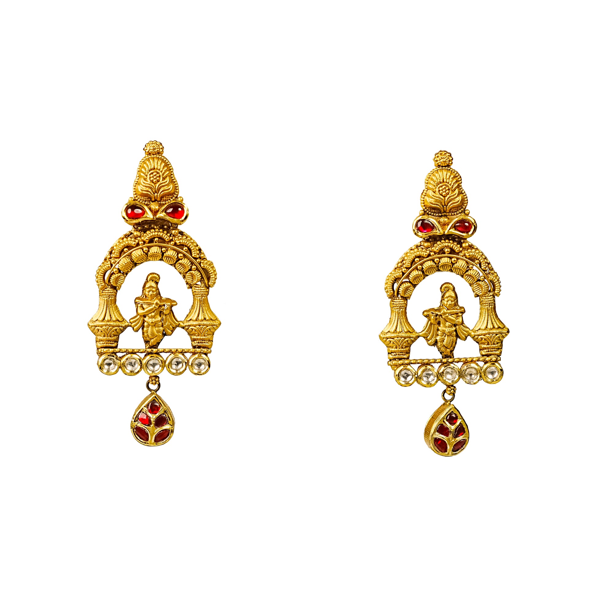 22K Antique Kundan Temple Earrings by Manuvel Malabar Jewellers, detail view 2