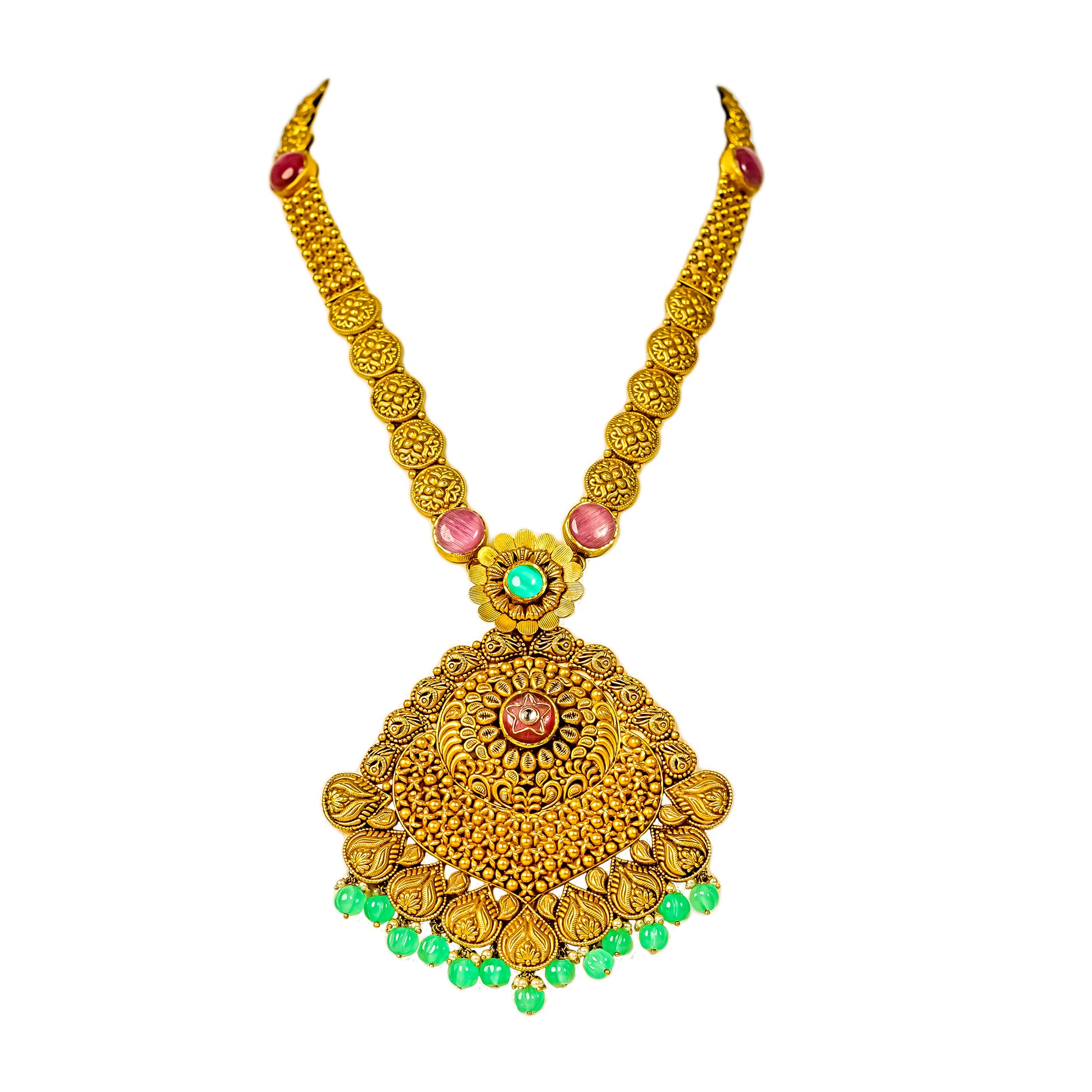 22K Antique Emerald Gold Necklace by Manuvel Malabar Jewellers