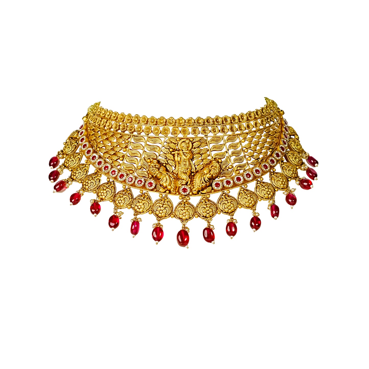 22K Antique Ruby Gold Choker Necklace by Manuvel Malabar Jewellers