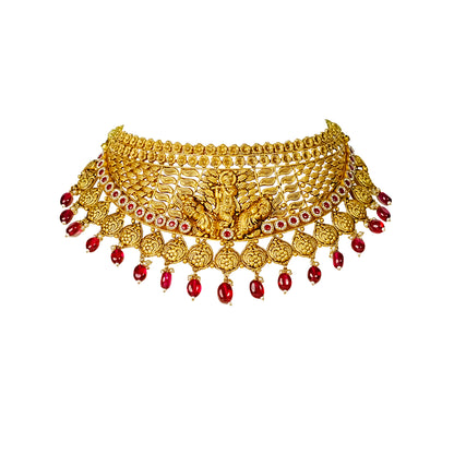22K Antique Ruby Gold Choker Necklace by Manuvel Malabar Jewellers, detail view 2