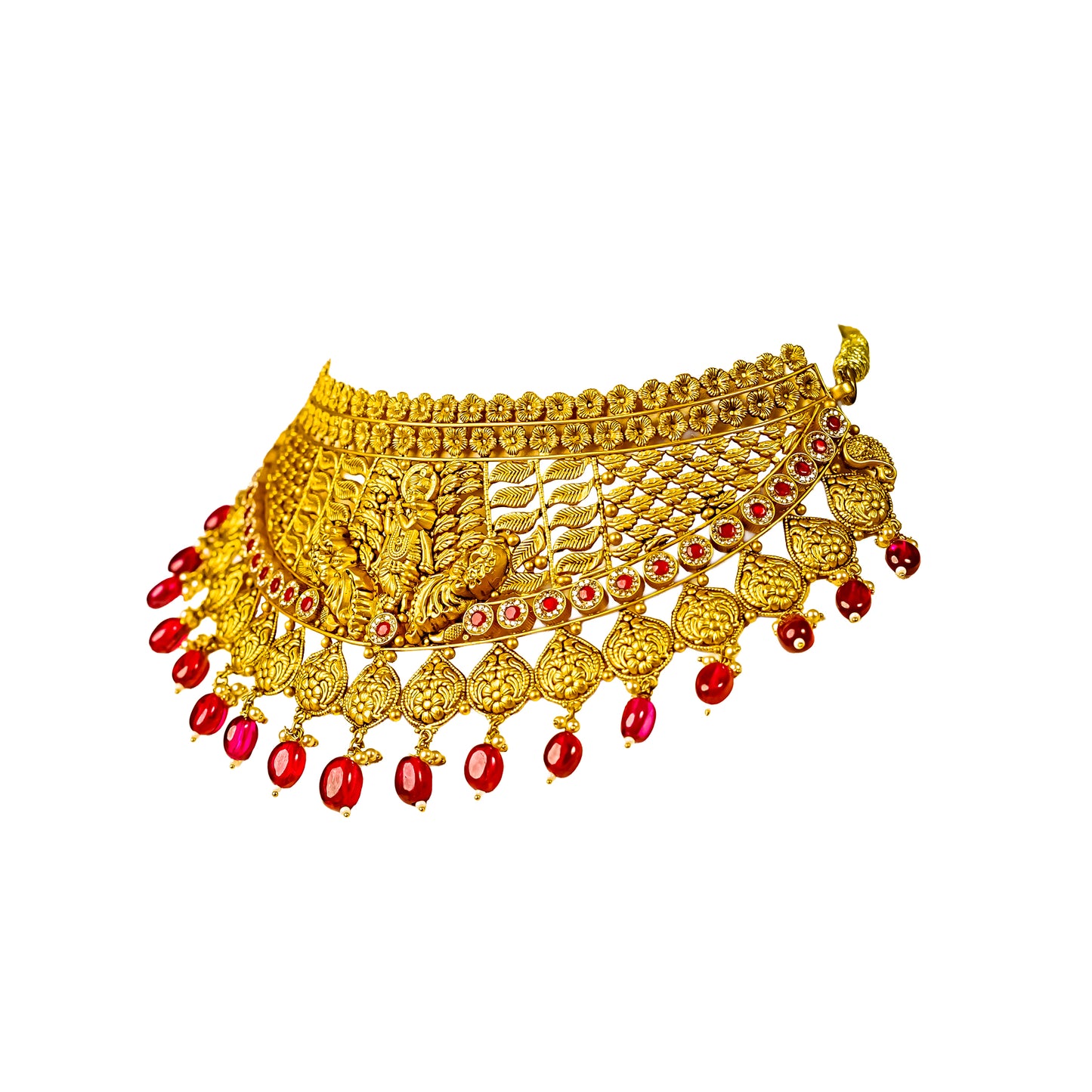 22K Antique Ruby Gold Choker Necklace by Manuvel Malabar Jewellers, detail view 4